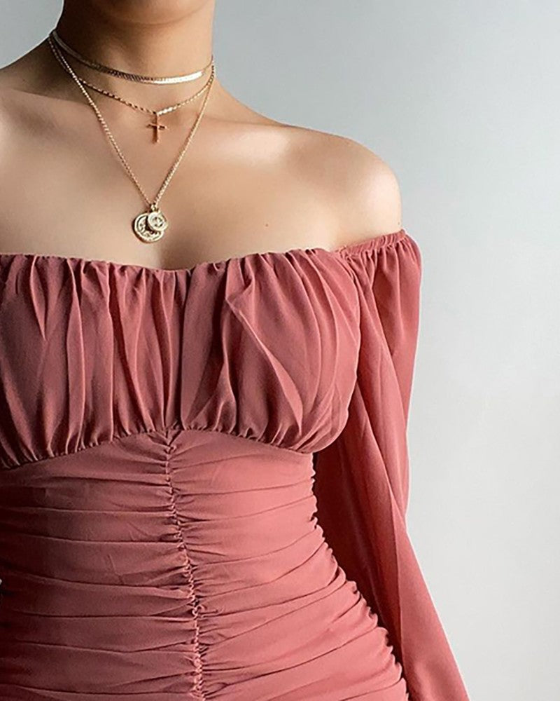 Off Shoulder Ruched Bell Sleeve Ruffles Dress