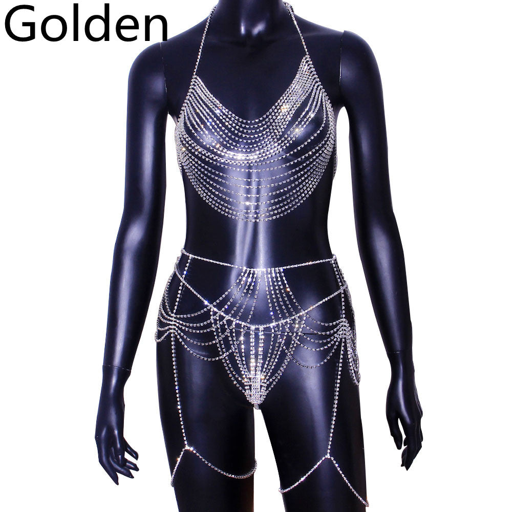 Three-piece Rhinestone Body Chain Suit Beach Party Diamond Underwear Set