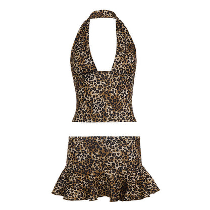 Leopard-print Halterneck Two-piece Set Vacation-style Womens Outfit
