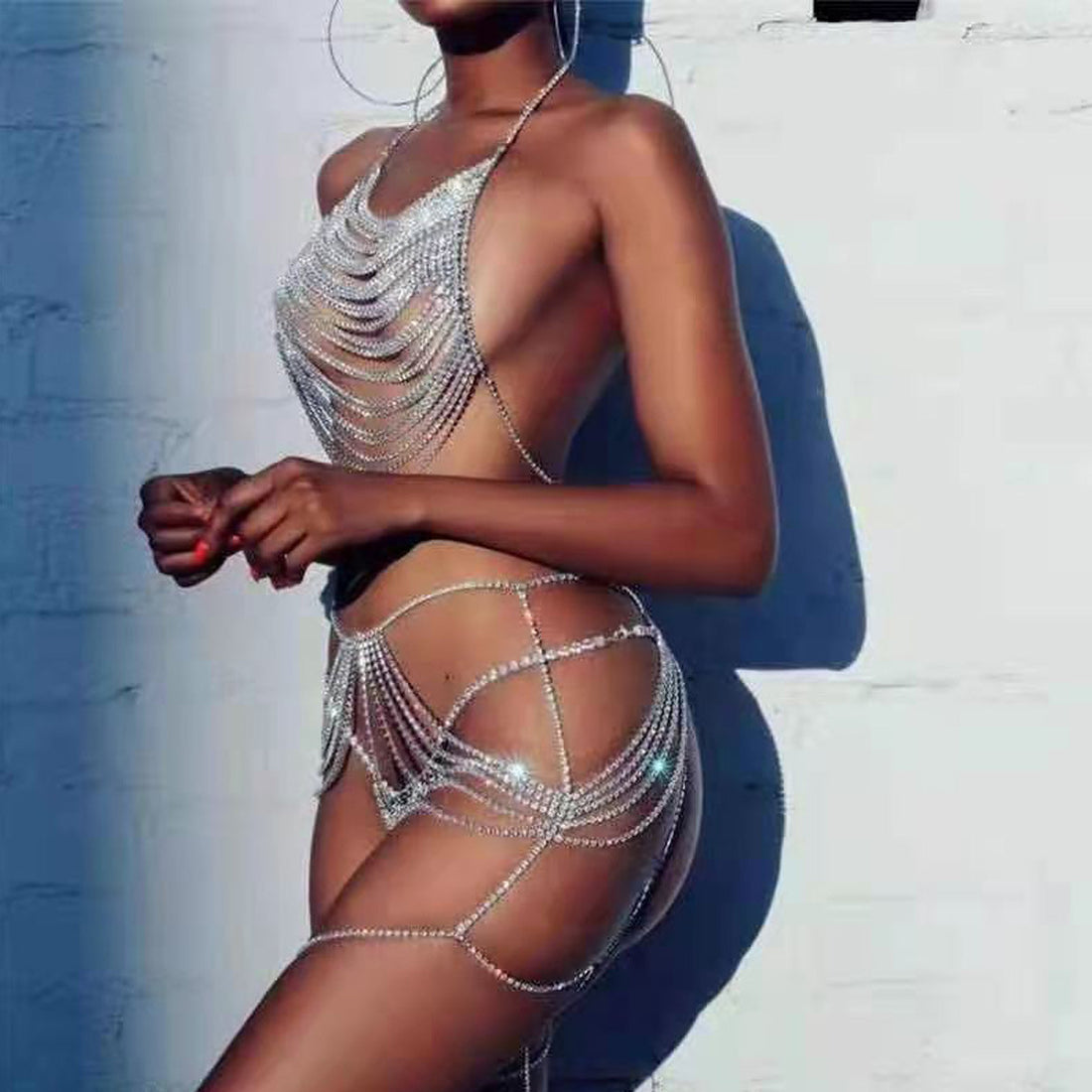 Three-piece Rhinestone Body Chain Suit Beach Party  Diamond Underwear Set