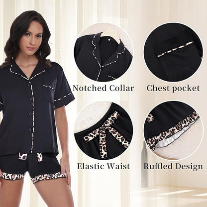 RONGTAI Summer Pajamas For Women Set Short Sleeve Button Down Leopard Pjs Lounge Sets Soft Sleepwear