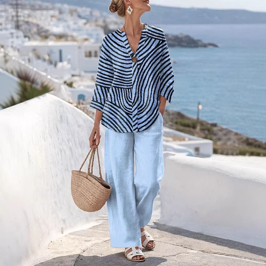 V-Neck Patterned Printed Womens Straight-Leg Pants Set