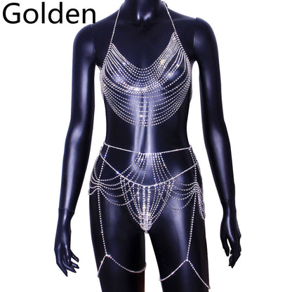 Three-piece Rhinestone Body Chain Suit Beach Party  Diamond Underwear Set