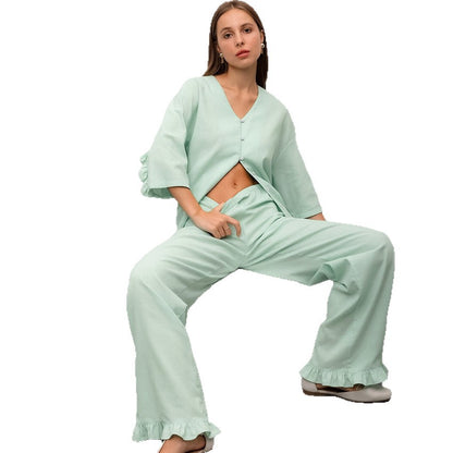 Womens Cotton And Linen Pajamas For Autumn Flounced Three Quarter Sleeve Pants Relaxed Fit Loungewear