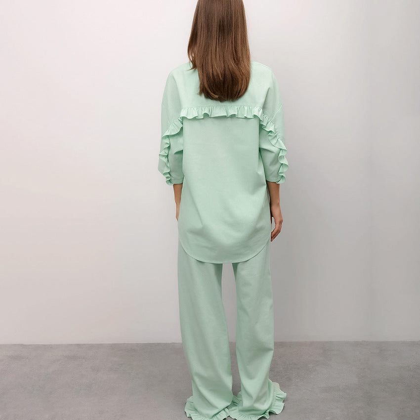 Womens Cotton And Linen Pajamas For Autumn Flounced Three Quarter Sleeve Pants Relaxed Fit Loungewear