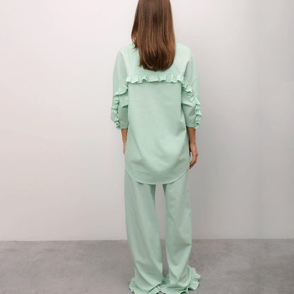 Womens Cotton And Linen Pajamas For Autumn Flounced Three Quarter Sleeve Pants Relaxed Fit Loungewear