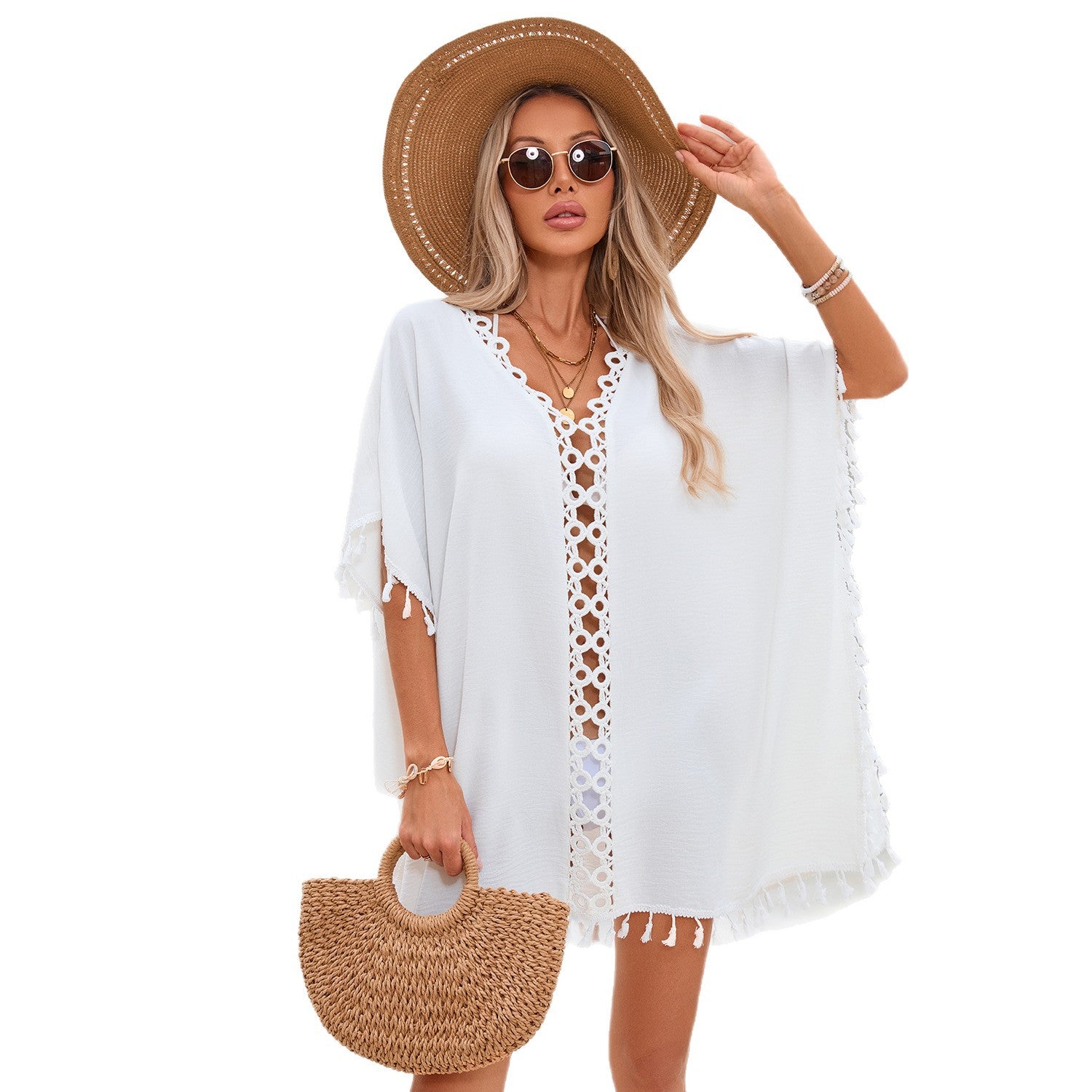 Crochet Patchwork Fringe Bikini With Beach Cover-up