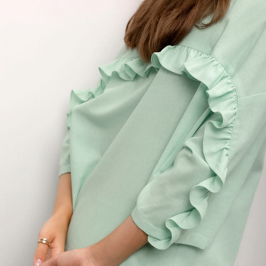 Womens Cotton And Linen Pajamas For Autumn Flounced Three Quarter Sleeve Pants Relaxed Fit Loungewear
