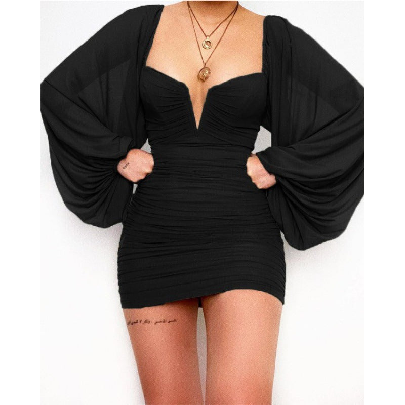V-cut Lantern Sleeve Ruched Tight Dress