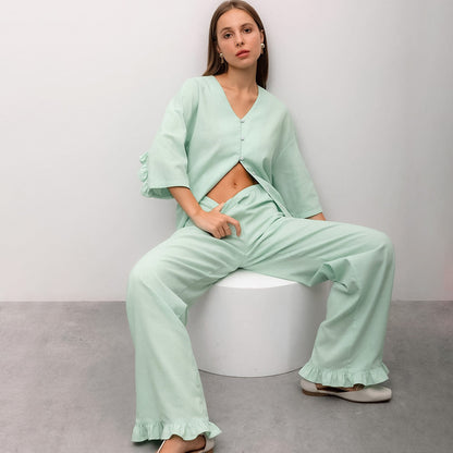 Womens Cotton And Linen Pajamas For Autumn Flounced Three Quarter Sleeve Pants Relaxed Fit Loungewear