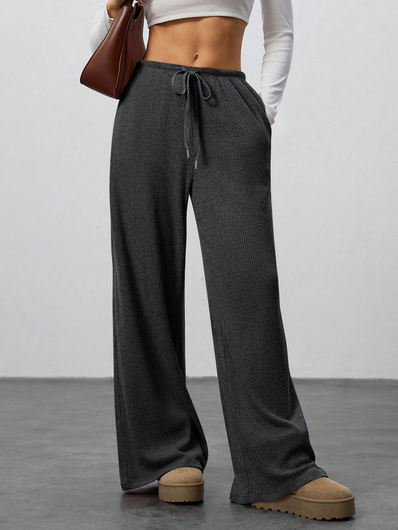 Womens Solid-Color Flowy Drawstring-Waist Wide-Leg Casual Pants