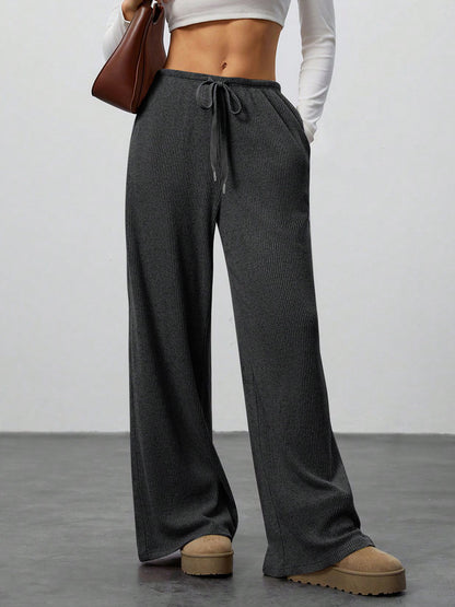 Womens Solid-Color Flowy Drawstring-Waist Wide-Leg Casual Pants