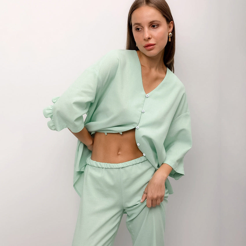 Womens Cotton And Linen Pajamas For Autumn Flounced Three Quarter Sleeve Pants Relaxed Fit Loungewear
