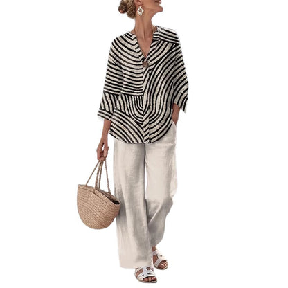 V-Neck Patterned Printed Womens Straight-Leg Pants Set