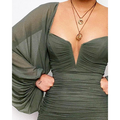V-cut Lantern Sleeve Ruched Tight Dress