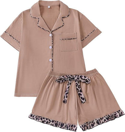RONGTAI Summer Pajamas For Women Set Short Sleeve Button Down Leopard Pjs Lounge Sets Soft Sleepwear
