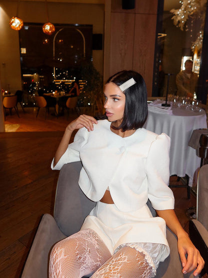 White Single-button Half-sleeved Crop Top &amp; Shorts Set