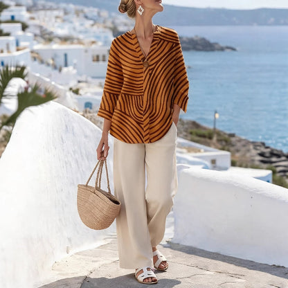 V-Neck Patterned Printed Womens Straight-Leg Pants Set