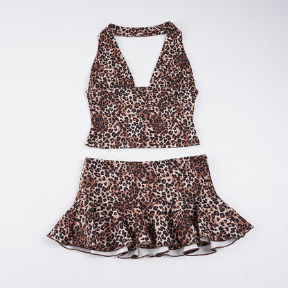 Leopard-print Halterneck Two-piece Set Vacation-style Womens Outfit